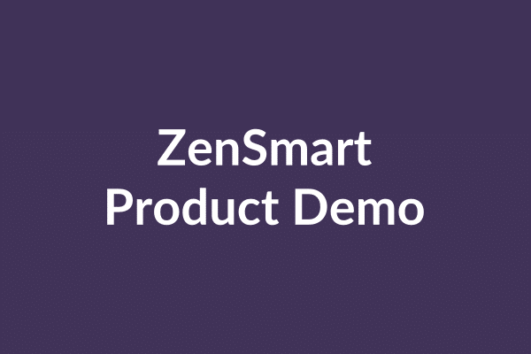 zensmart is showing Purple background with the text "ZenSmart Product Demo" in white, centered in the middle. Below the text, a magnified video play icon and the "Play" button signal that this is a product demo for ZenSmart. with print workflow automation