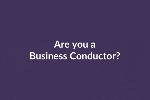 zensmart is showing A purple background image with white text in the center that reads, "Are you a Business Conductor?" Below the text, there's an animated video of icons including a briefcase, dollar sign, line graph, light bulb, and people icon representing various business aspects. with print workflow automation