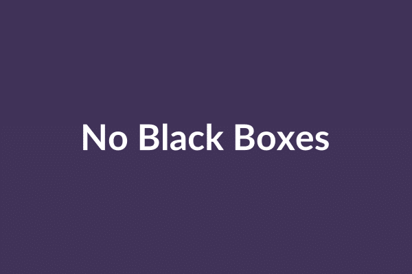 zensmart is showing Purple background with the text "No Black Boxes" in white, boldly centered, reminiscent of a video title screen. with print workflow automation