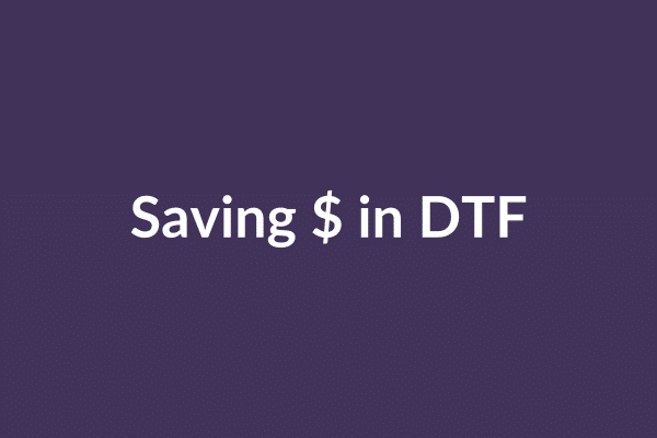 zensmart is showing White text on a dark purple background reads "Saving money in DTF,” highlighting how DTF can help you save money while being mindful of the environment. with print workflow automation