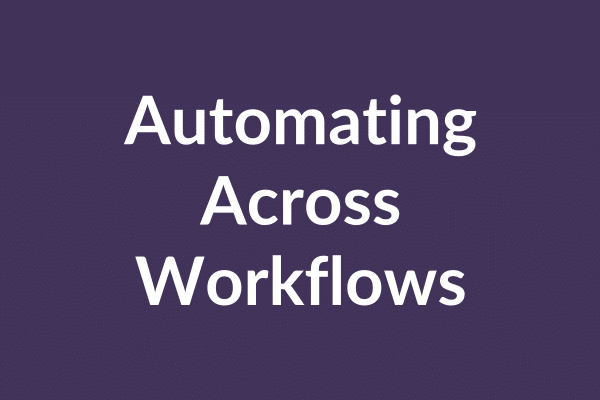 zensmart is showing White text on a purple background reads, "Automating Across Workflows." Above the text, colorful connected icons symbolize workflow automation in action—people, gears, a clock, a laptop, and a checklist streamlining tasks. with print workflow automation