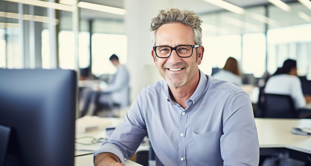zensmart is showing A smiling middle-aged man with glasses and gray hair sits at a desk in a modern, bright office, confidently overseeing factory management as colleagues work in the background. with print workflow automation