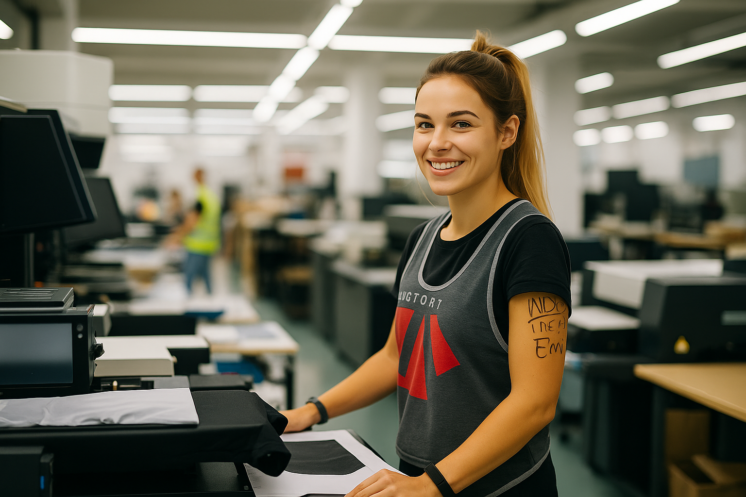 zensmart is showing A smiling woman stands at a workstation in a modern print shop, wearing a sleeveless shirt and apron. She is operating an efficient DTG printing machine, with other equipment and employees visible in the brightly lit background. with print workflow automation