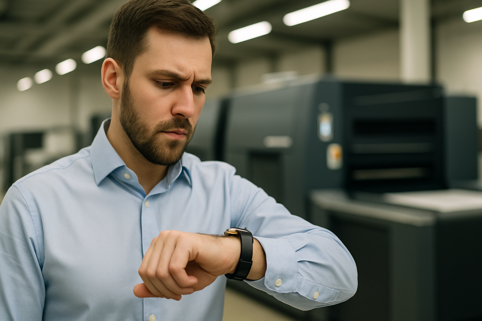 zensmart is showing A man with a beard in a light blue shirt checks his wristwatch with concern, standing in an industrial setting with large machinery—perhaps reflecting on smart SLA strategies to improve service level performance. with print workflow automation