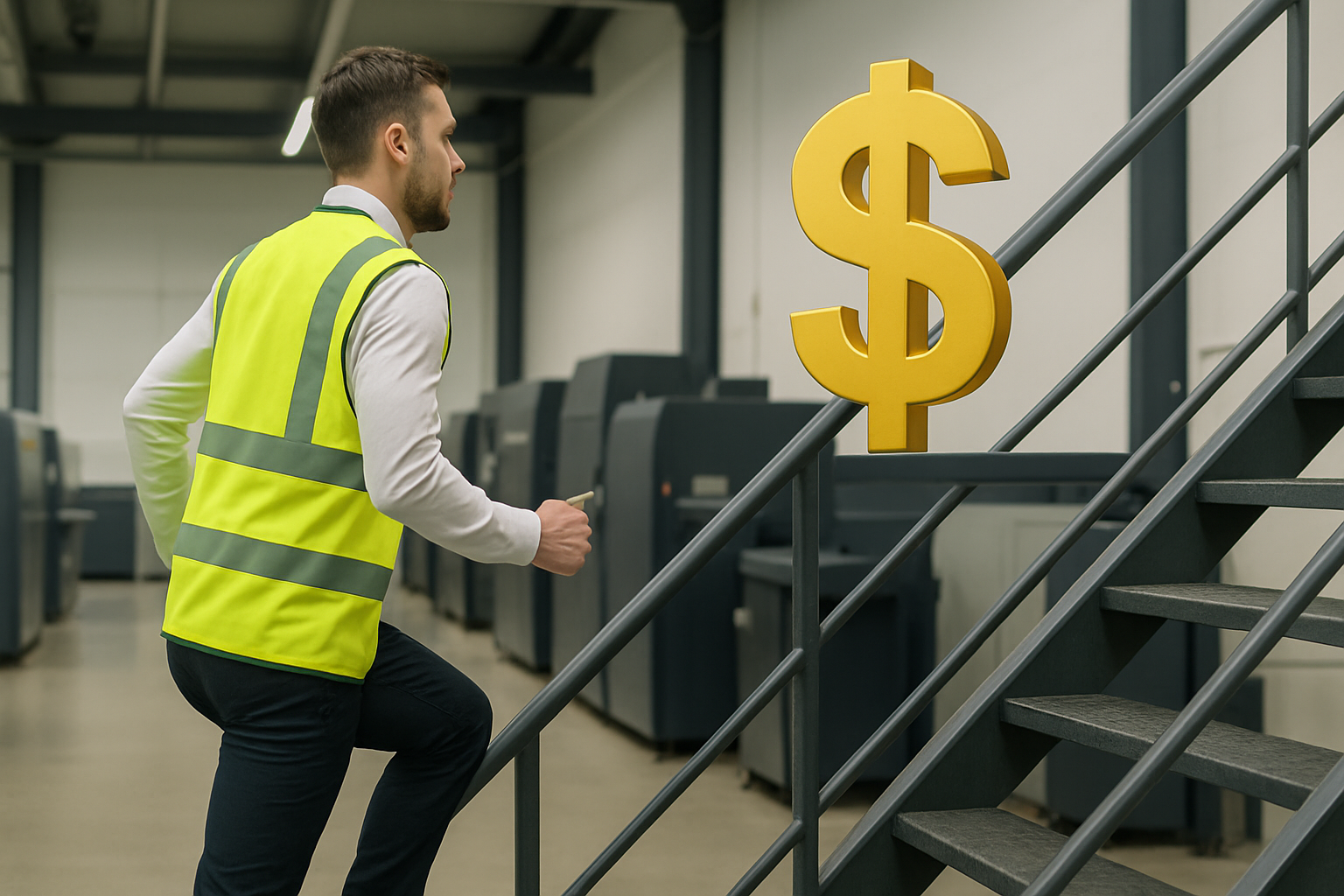 zensmart is showing A man in a yellow safety vest walks up industrial stairs toward a large gold dollar sign, symbolizing increased profit per order or pursuing POD-driven financial progress in a factory setting. with print workflow automation