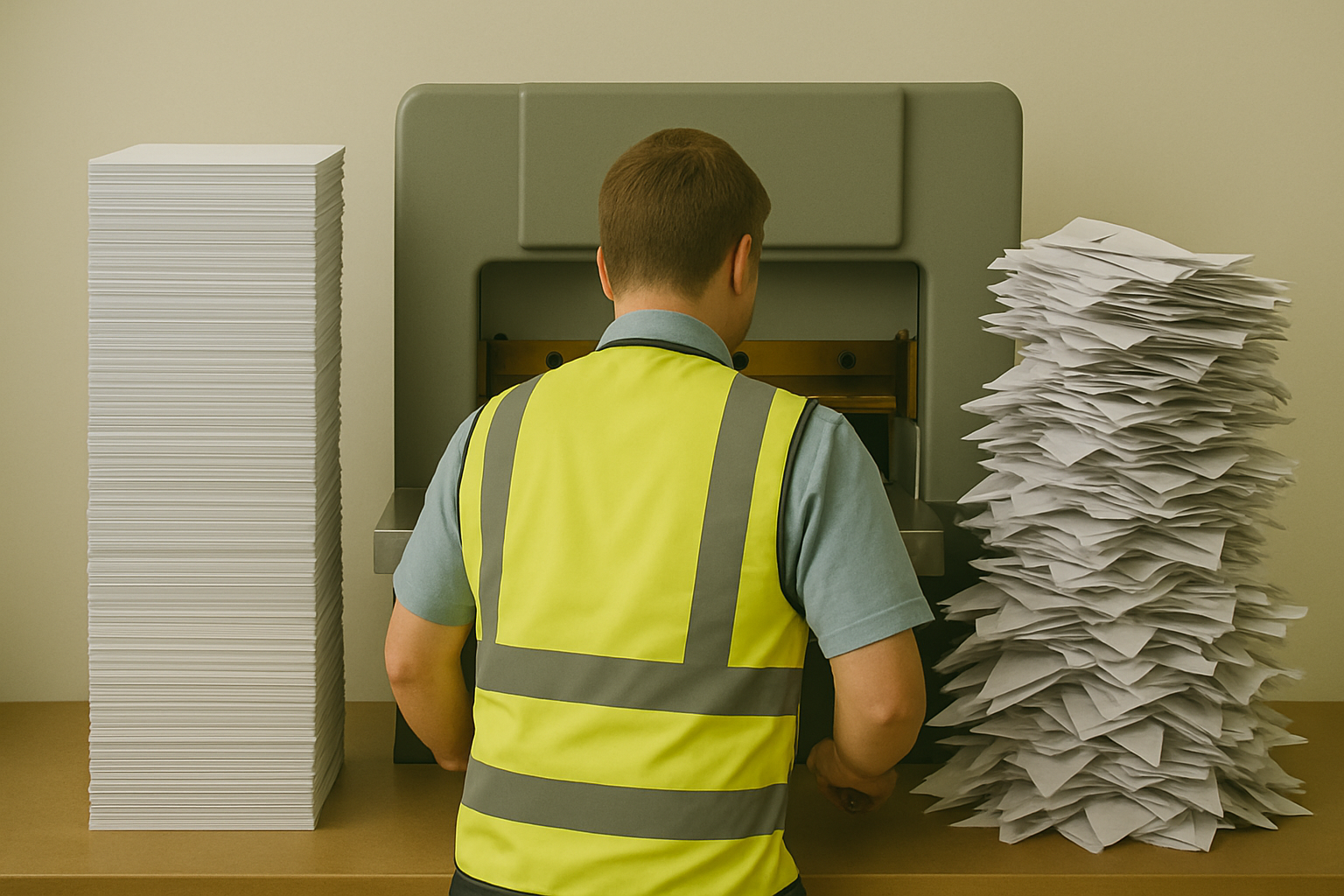 zensmart is showing A person wearing a yellow safety vest operates a large paper shredder with impressive capacity, standing between a tall stack of neatly arranged papers on the left and a messy pile of shredded paper on the right—boosting productivity. with print workflow automation