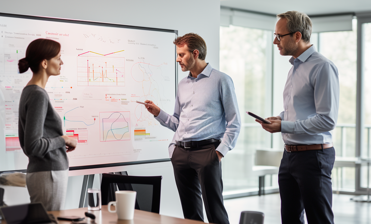 zensmart is showing Three professionals stand in a modern office, discussing workflow optimization and data on a whiteboard. One gestures to the board, another holds a tablet, and the third listens attentively. A coffee mug and glass sit on the table. with print workflow automation