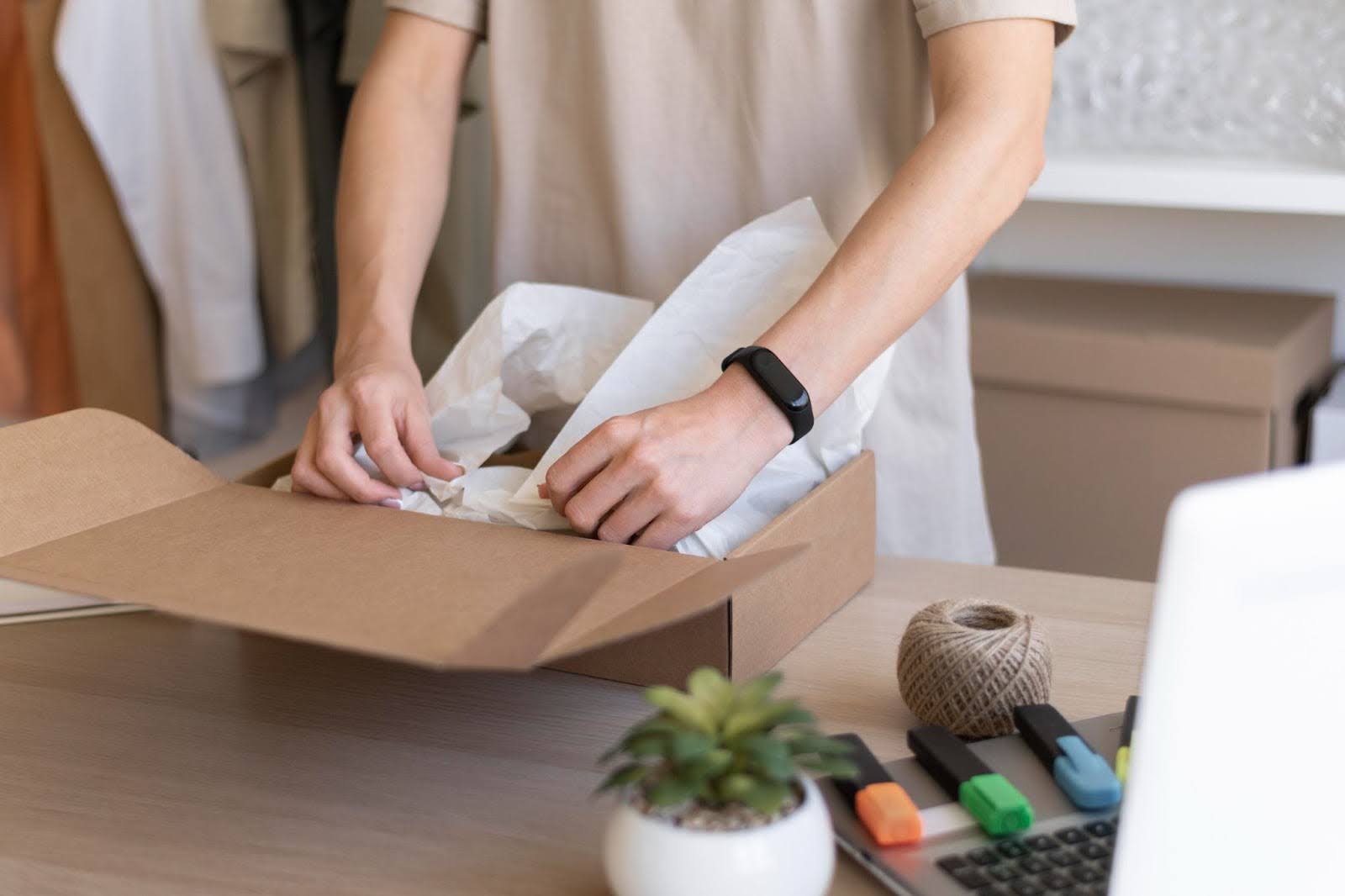 zensmart is showing A person wearing a smartwatch is packing an item with white tissue paper into a cardboard box on a desk, demonstrating Order Personalisation, with a succulent plant, twine, and office supplies nearby. with print workflow automation