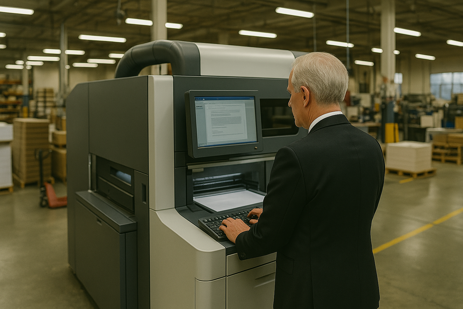 zensmart is showing A man in a suit operates a large industrial printer in a spacious factory, overseeing print on demand production as he reviews a document on the machine’s screen in the well-lit, organized workspace. with print workflow automation