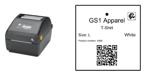 zensmart is showing A label printer is shown next to a sample printed label for "GS1 Apparel" T-shirt, size L, white, with a product number, barcode, and certification mark. with print workflow automation
