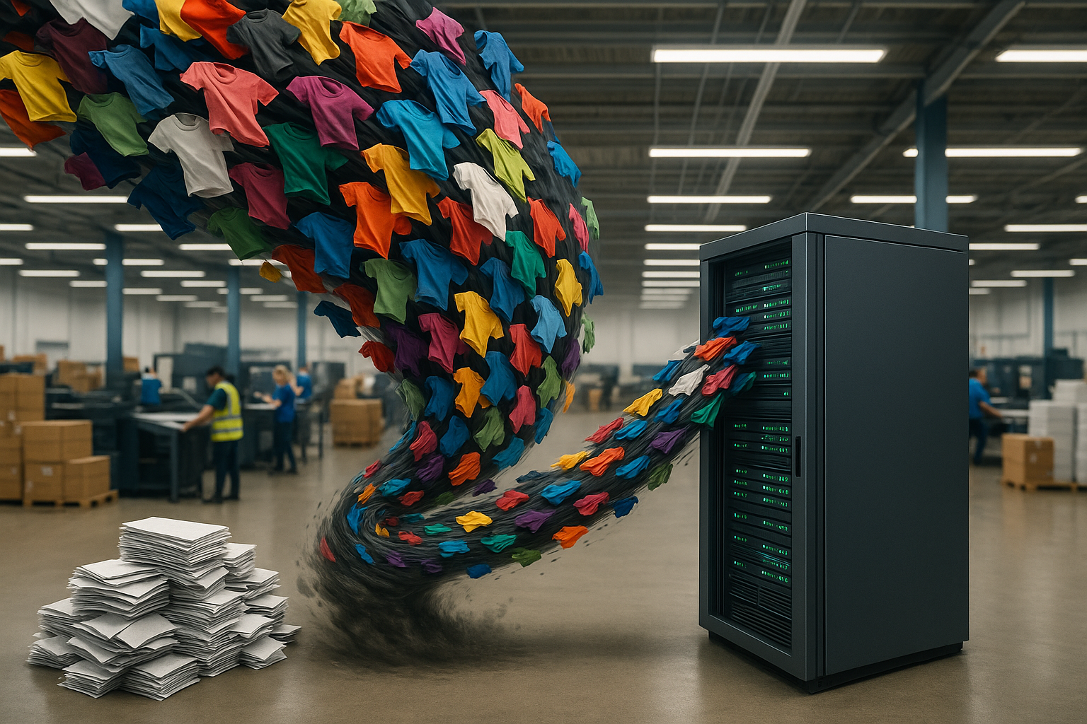 zensmart is showing A swirl of colorful t-shirts flows out of a server cabinet in a warehouse, with stacks of paper nearby and people working in the background. with print workflow automation