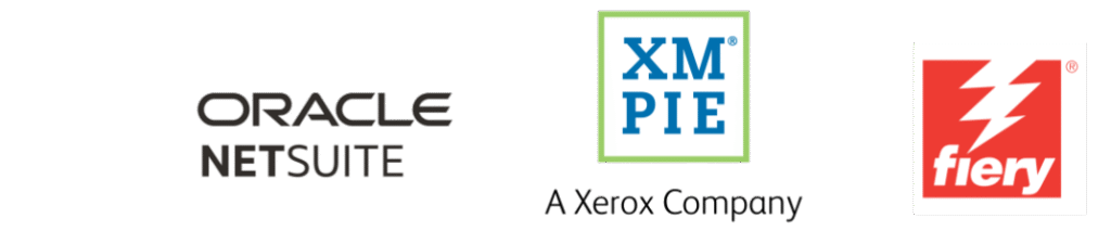 zensmart is showing Logos of three companies: Oracle NetSuite, XMPie (A Xerox Company), and Fiery, displayed on a white background. with print workflow automation