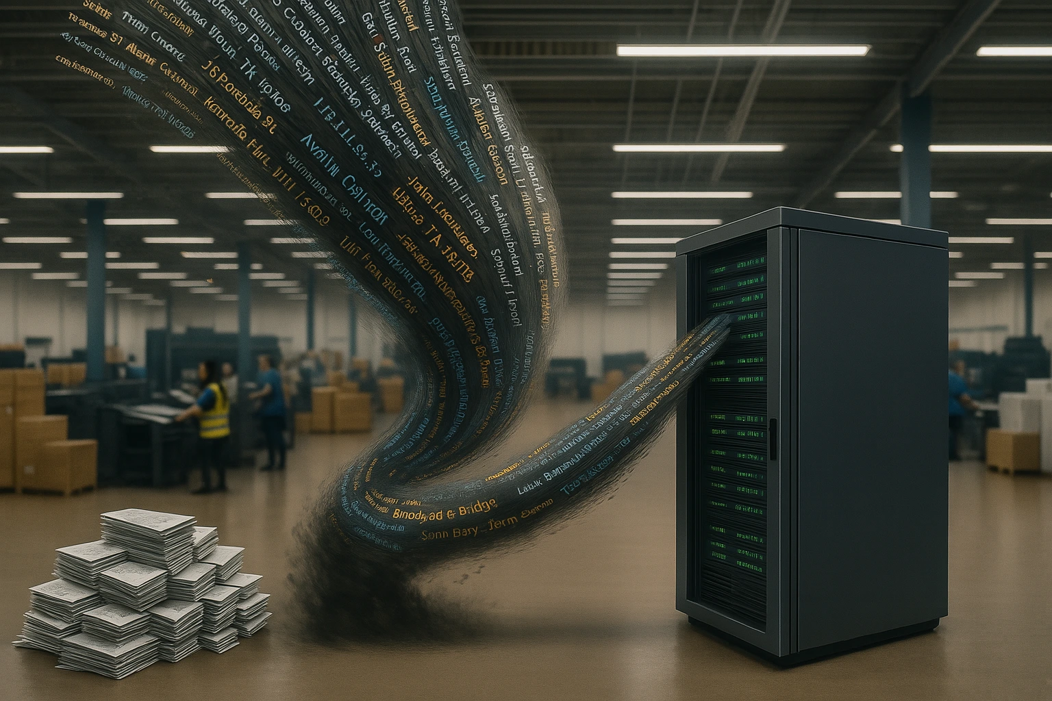 zensmart is showing A stack of papers turns into streams of digital text, flowing into a server rack in a large warehouse, illustrating the concept of digitizing physical documents. with print workflow automation