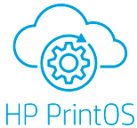 zensmart is showing Blue line art of a cloud with a gear and circular arrow inside, representing technology or software. The text "HP PrintOS" appears below the graphic. with print workflow automation