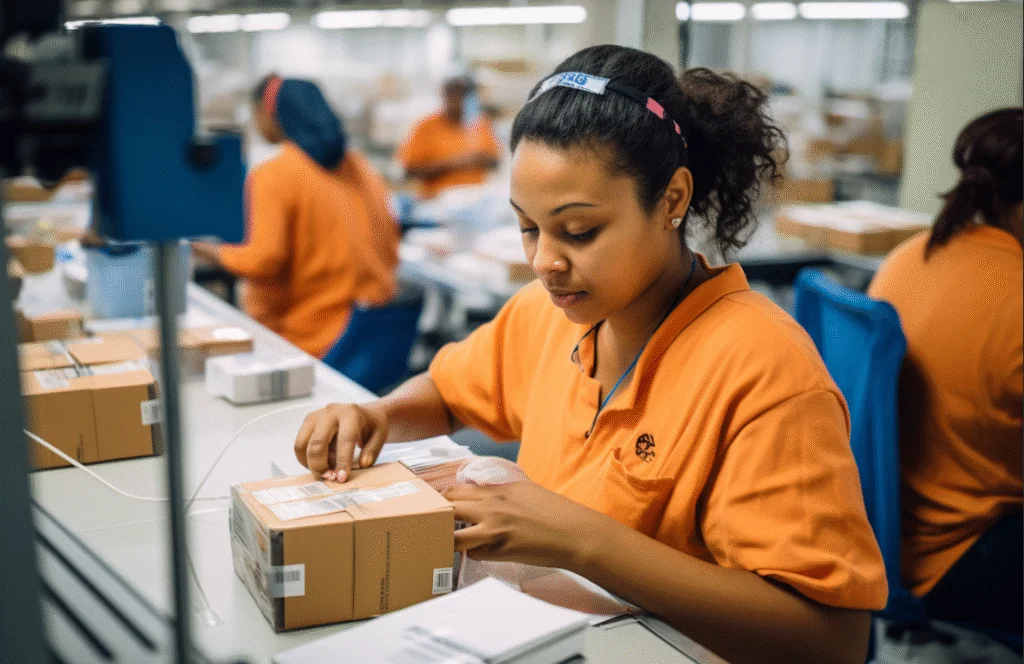 zensmart is showing A Merchandise Temp in an orange uniform sits at a workstation in a warehouse, carefully labeling a cardboard box. Other workers in similar uniforms are packing merchandise in the background. with print workflow automation