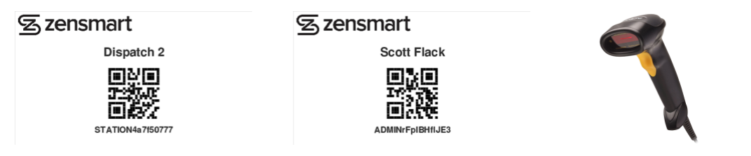 zensmart is showing Two QR code labels for "Dispatch 2" and "Scott Flack" appear under the Zensmart logo, beside a black handheld barcode scanner with a yellow button. with print workflow automation