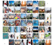 zensmart is showing A collage of 64 small, colorful photos showing people, nature, pets, cityscapes, sports, and abstract scenes, arranged in an 8x8 grid, each labeled with a number and letter code in the top corners. with print workflow automation