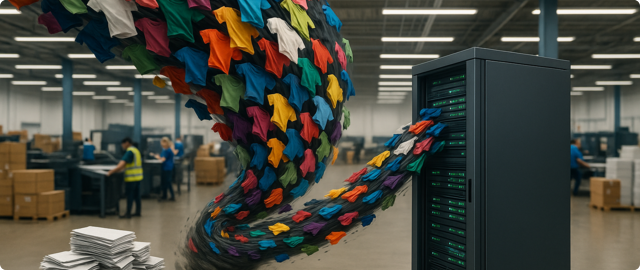 zensmart is showing A swirl of colorful t-shirts emerges from a server in a large warehouse, surrounded by workers, boxes, and stacks of paper. with print workflow automation