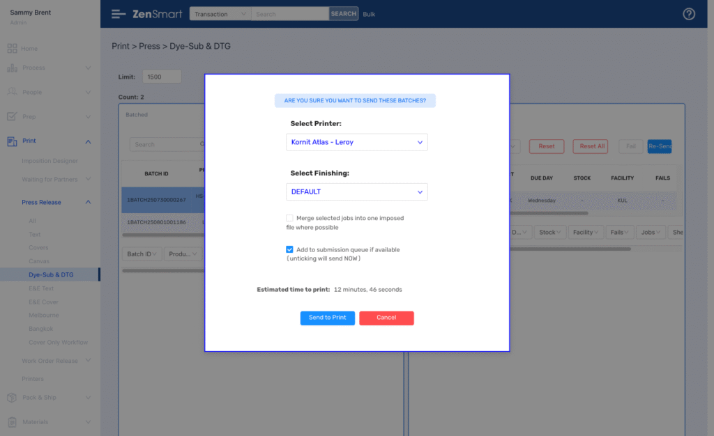 zensmart is showing A software interface displays a modal window titled "ARE YOU SURE YOU WANT TO ENTER THESE BATCHES?" with printer and finishing options, a checkbox for sub-volume usage, and a blue "Send to Print" button at the bottom. with print workflow automation