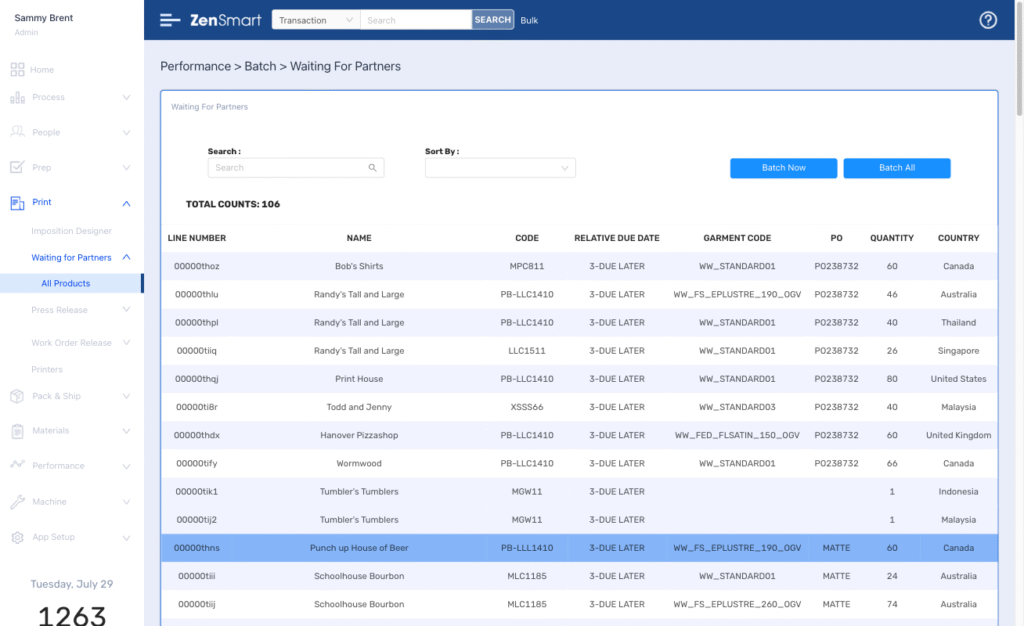 zensmart is showing A dashboard titled "Performance > Batch > Waiting For Partners" displays a sortable table of garment orders, including line number, PO, product name, garment code, quantity, country, and batch date. Options to batch now and filter are visible. with print workflow automation