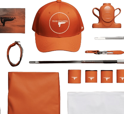 zensmart is showing Flat lay of orange and white branded merchandise, including a cap, ceramic mug, cloth, cups, a watch, pen, and a few small accessories, all with a white bull logo and clean, modern design. with print workflow automation