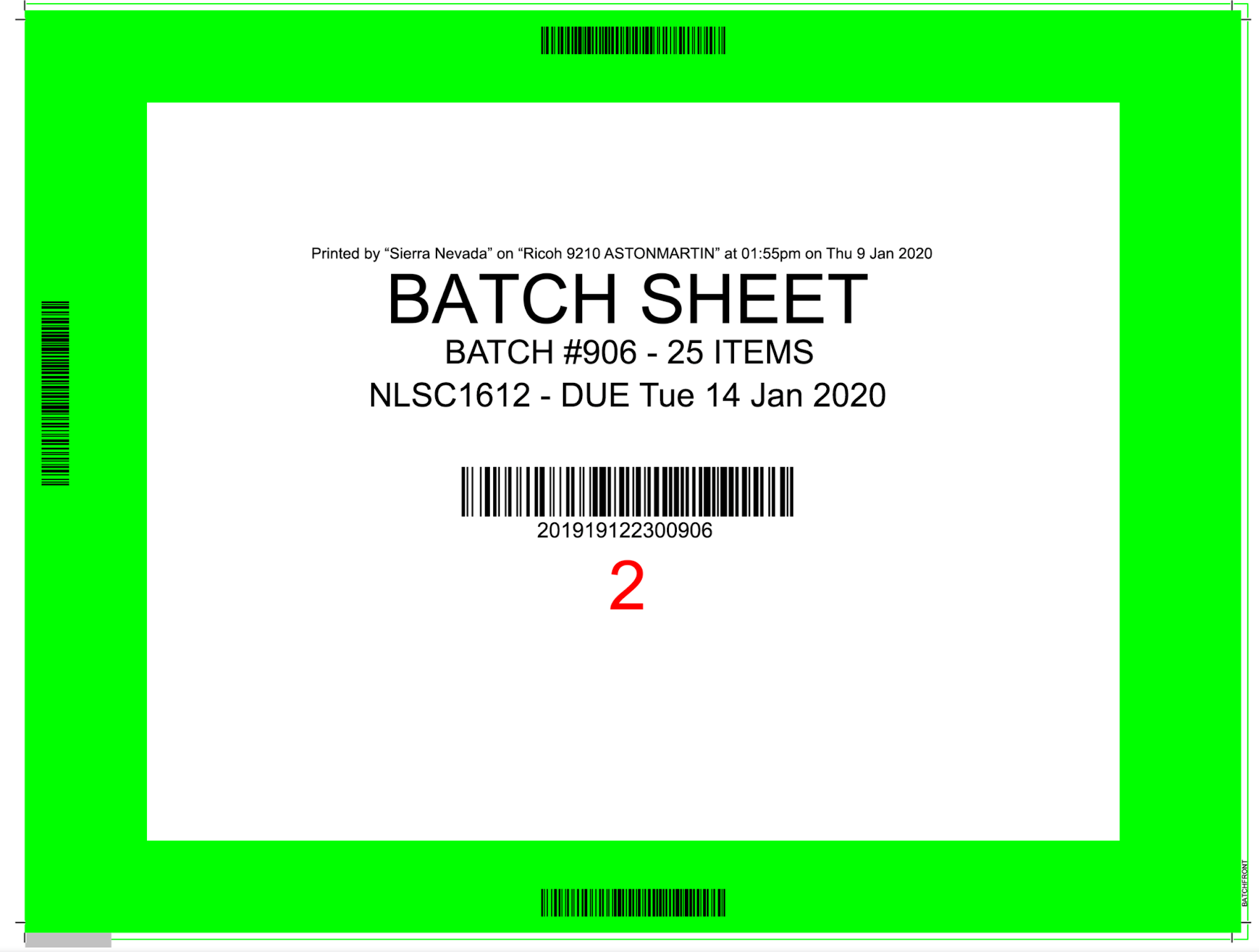 zensmart is showing A batch sheet with a green border displays "BATCH #906 - 25 ITEMS" and "NLSC1612 - DUE Tue 14 Jan 2020" with barcodes and a large red number 2 in the center. with print workflow automation