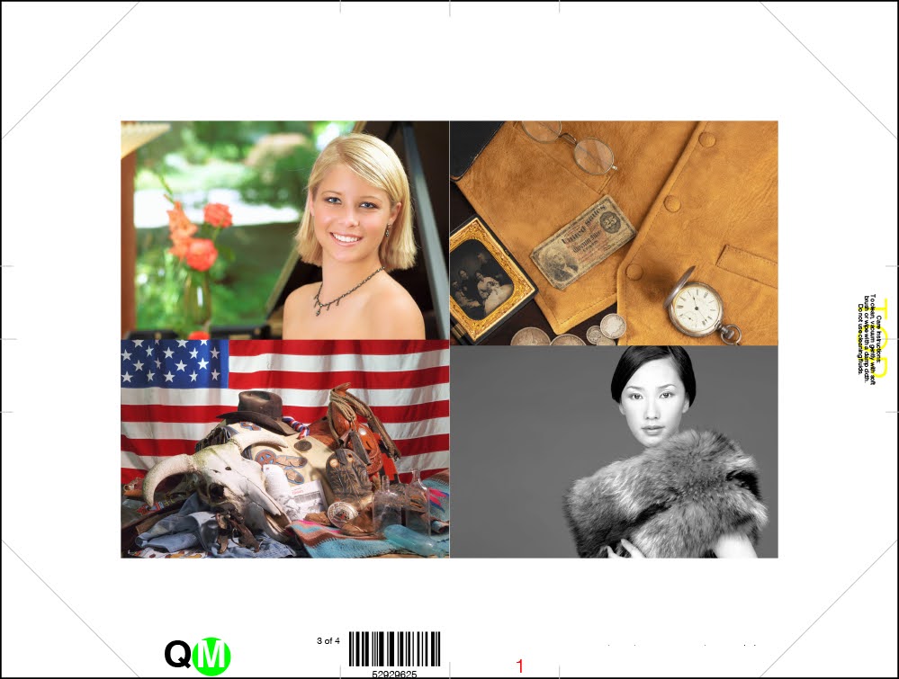zensmart is showing A display collage with four sections: a smiling blonde woman, vintage signs and items like money, glasses, and a pocket watch, a pile of cowboy gear with an American flag, and a black-and-white portrait of a woman in a fur wrap. with print workflow automation