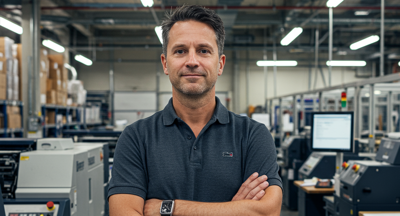 zensmart is showing A man in a dark polo shirt stands with arms crossed in a brightly lit factory or industrial workspace, surrounded by machinery, monitors, and shelves with boxes. with print workflow automation