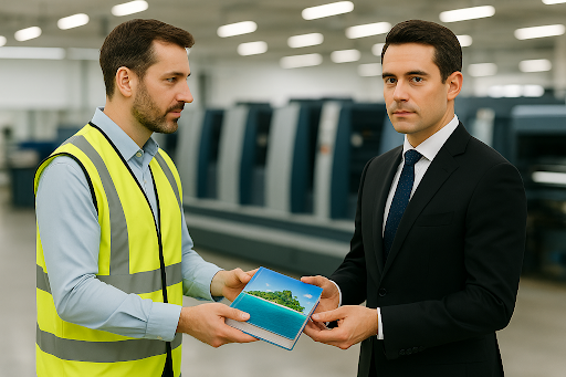 zensmart is showing Two men stand in a modern industrial setting. One, in a suit, and the other, in a safety vest, are handing each other a book titled "Default Loop," featuring an island and ocean on the cover. with print workflow automation