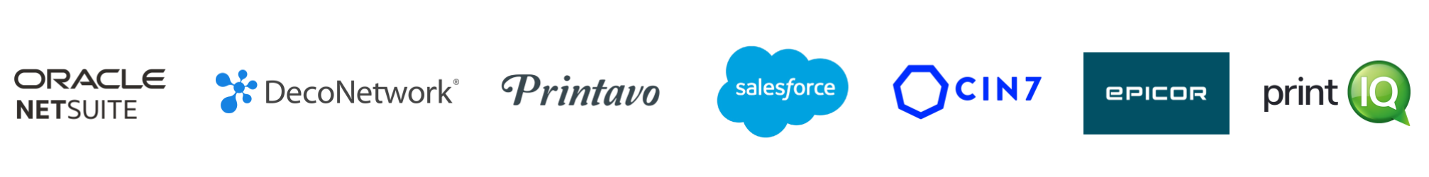 zensmart is showing Logos of six business management software platforms—Oracle NetSuite, DecoNetwork, Printavo, Salesforce, CIN7, Epicor, and printIQ—displayed in a row on a light background highlight their seamless integrations. with print workflow automation