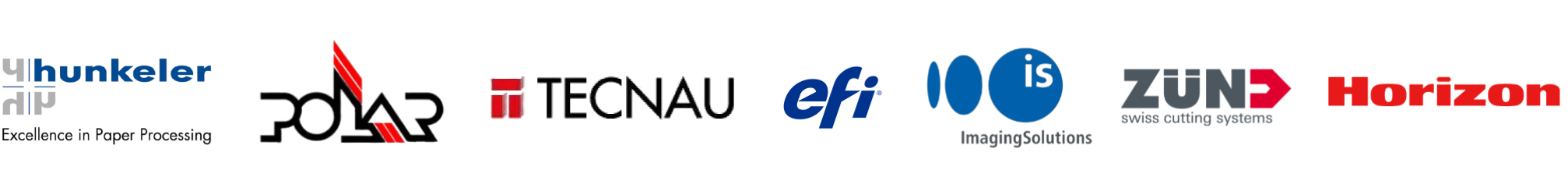 zensmart is showing Logos of six companies—Hunkeler, Polar, Tecnau, EFI, Imaging Solutions, Zünd, and Horizon—highlight integrations across the industry, displayed horizontally on a white background. with print workflow automation