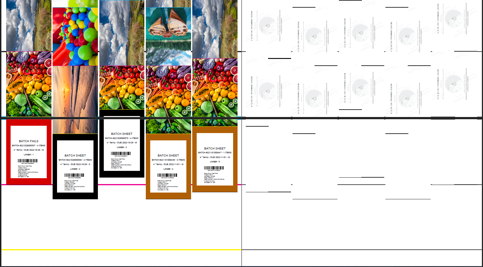 zensmart is showing A grid of colorful images featuring balloons, clouds, sailboats, fruit, and vegetables showcases batch sheet cards and empty spaces with barcodes—perfect for commercial printing or professional printing services on a crisp white background. with print workflow automation