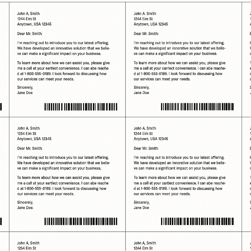 zensmart is showing An image of four business letters with similar content, each in a box with a barcode at the bottom. The letters are addressed to different recipients and are formatted in a formal, professional style. with print workflow automation