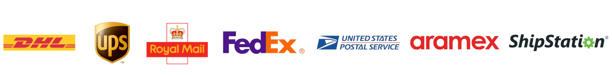 zensmart is showing Logos of major shipping and delivery companies, including DHL, UPS, Royal Mail, FedEx, USPS, Aramex, and ShipStation integrations, displayed in a row on a white background. with print workflow automation