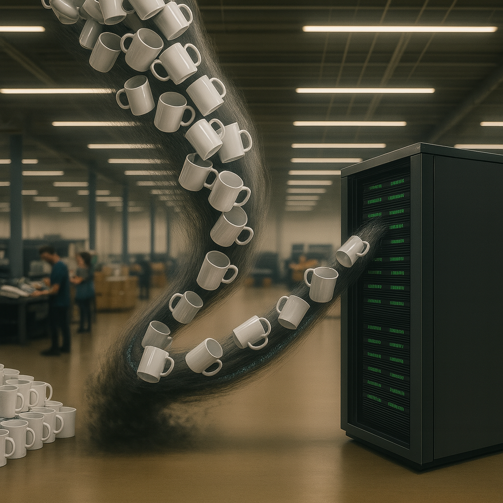 zensmart is showing A whirlwind of white coffee mugs is being sucked into a large black server rack in an industrial warehouse setting, with stacks of mugs and people in the background. with print workflow automation
