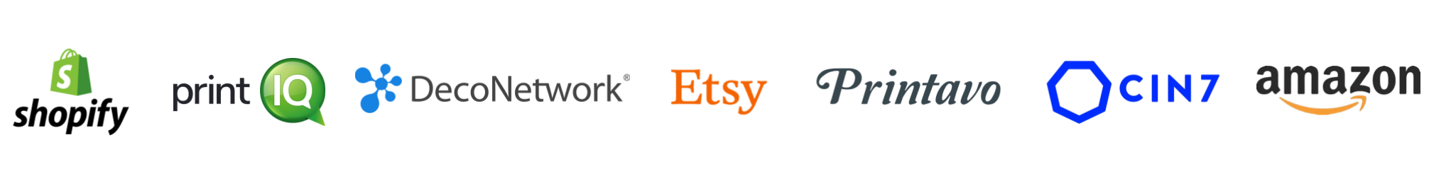 zensmart is showing Logos of various e-commerce and print platforms with integrations, including Shopify, printIQ, DecoNetwork, Etsy, Printavo, CIN7, and Amazon, displayed in a row on a white background. with print workflow automation