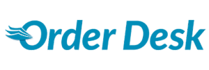 zensmart is showing Logo for "Order Desk" in blue text, with three stylized lines resembling a paper or wing design to the left of the letter "O". The background is light gray. with print workflow automation