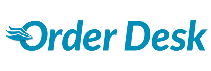 zensmart is showing Logo for "Order Desk" in blue text, with three stylized lines resembling a paper or wing design to the left of the letter "O". The background is light gray. with print workflow automation