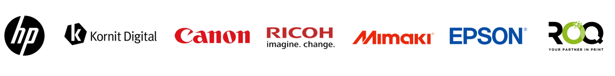 zensmart is showing Logos of seven leading printing technology brands—HP, Kornit Digital, Canon, Ricoh, Mimaki, Epson, and ROQ—displayed in a row on a light background, highlight their broad integrations across the industry. with print workflow automation