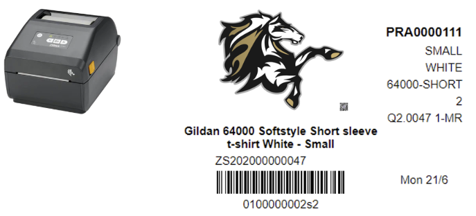 zensmart is showing A shipping label with a printer, horse logo, order number PRA0000111, and barcode. Details include: Gildan 64000 Softstyle short sleeve T-shirt, white, small, and relevant SKU and tracking codes. with print workflow automation
