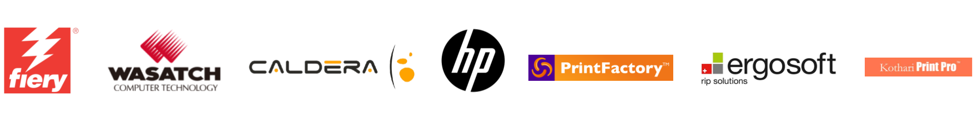 zensmart is showing Logos of various printing software brands arranged in a row, featuring Fiery, Wasatch, Caldera, HP, PrintFactory, ErgoSoft, and Xitron Navigator Print to showcase seamless integrations. with print workflow automation