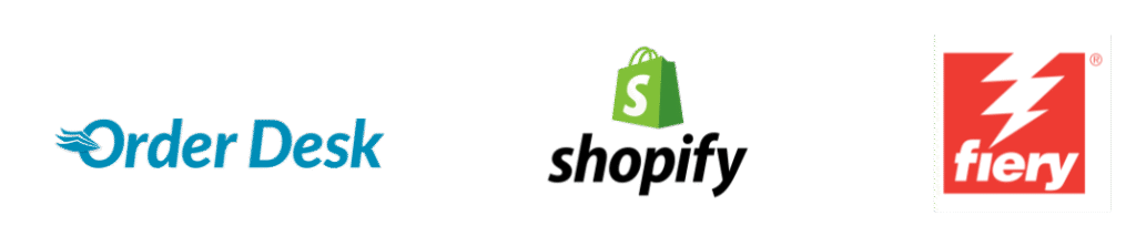 zensmart is showing Logos on display from left to right: Order Desk with a flying envelope icon, Shopify with a green shopping bag, and Fiery with a red background and bold white lightning bolt—perfect for eye-catching signs. with print workflow automation