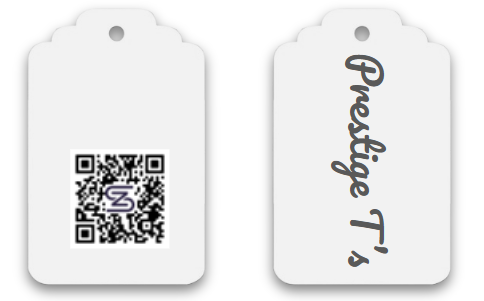 zensmart is showing Two white tags: one displays a QR code with a purple “Z” in the center, the other shows the text “Prestige T’s” written vertically in a stylish gray script. with print workflow automation