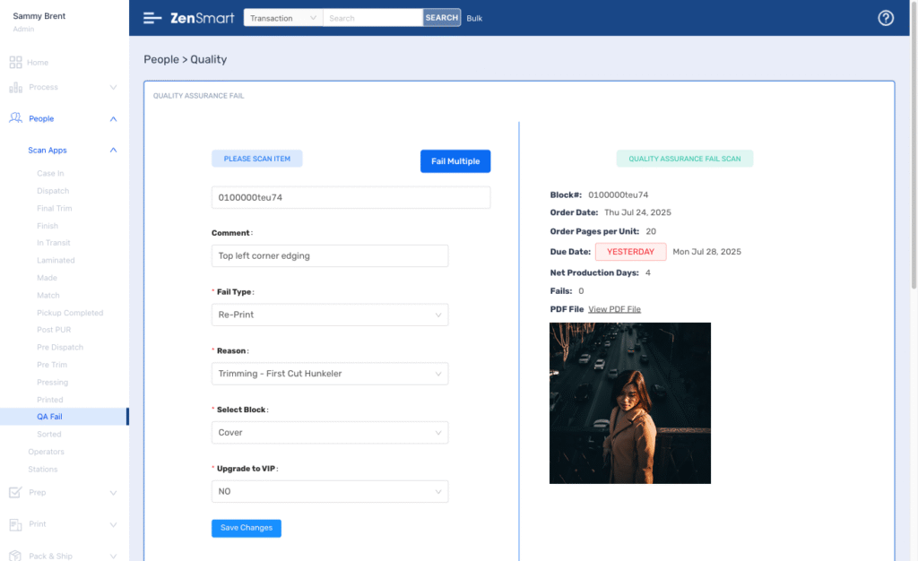 zensmart is showing A software dashboard displays a quality assurance fall scan for an order, showing details like block number, order and due dates, a photo of a woman, dropdown menus for reasons, and a blue navigation sidebar on the left. with print workflow automation