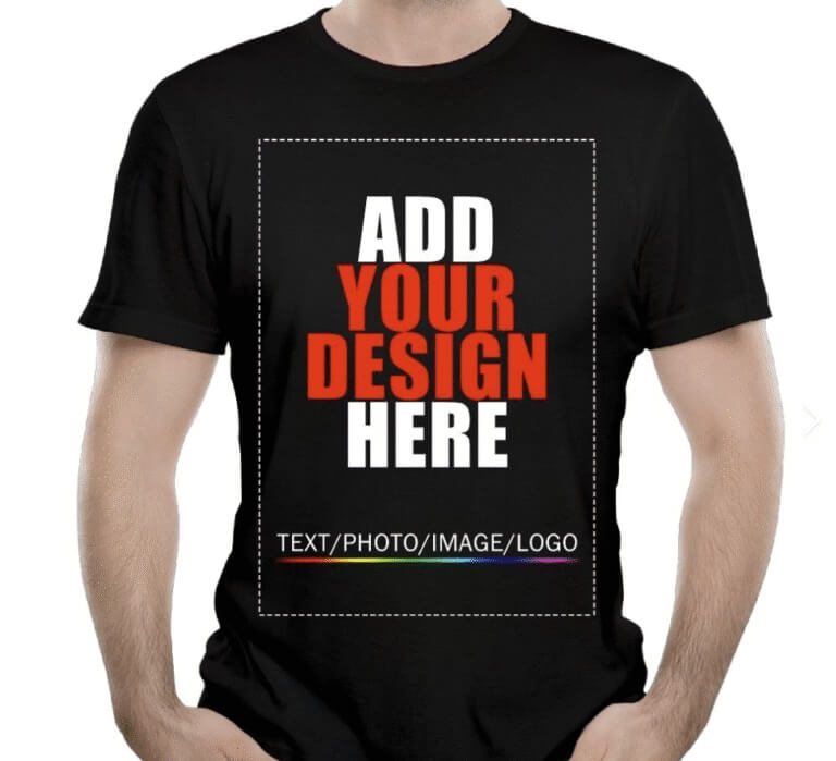zensmart is showing A person wearing a plain black t-shirt with a mockup design area displaying the words "ADD YOUR DESIGN HERE" in bold white and red letters, and "TEXT/PHOTO/IMAGE/LOGO" in smaller white text below. with print workflow automation