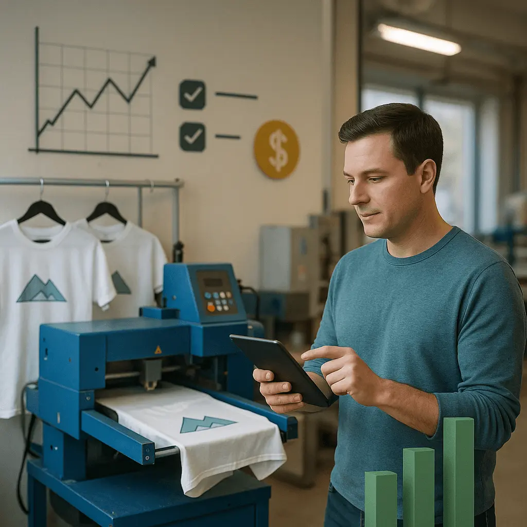 zensmart is showing A man in a blue shirt uses a tablet in a print shop with T-shirts, a printing machine, and charts showing growth, product costs, and financial symbols on the wall in the background. with print workflow automation