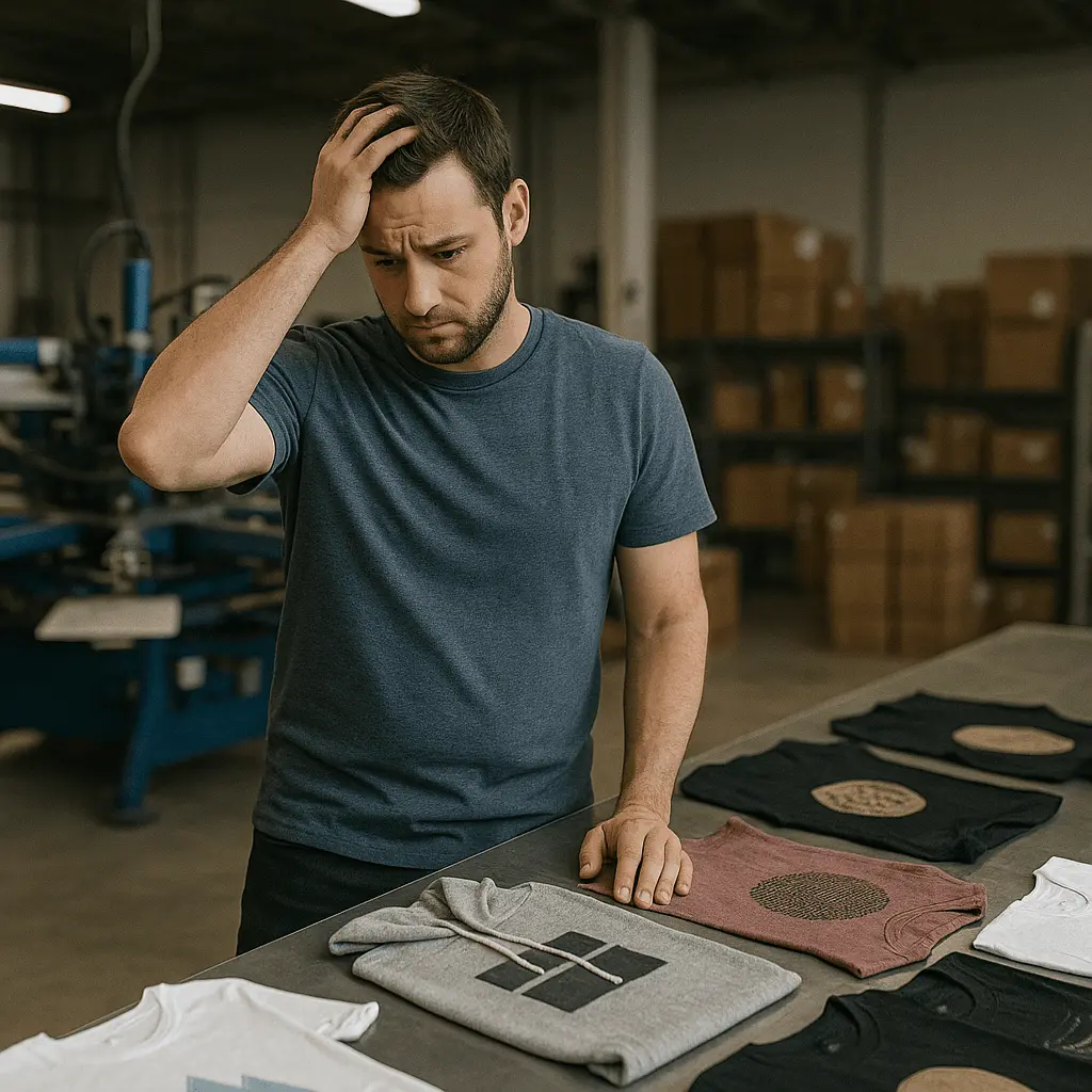 zensmart is showing A man in a blue t-shirt stands in a warehouse, looking burdened while scratching his head as he examines various customized printed t-shirts laid out on a table. Boxes and machinery fill the background. with print workflow automation