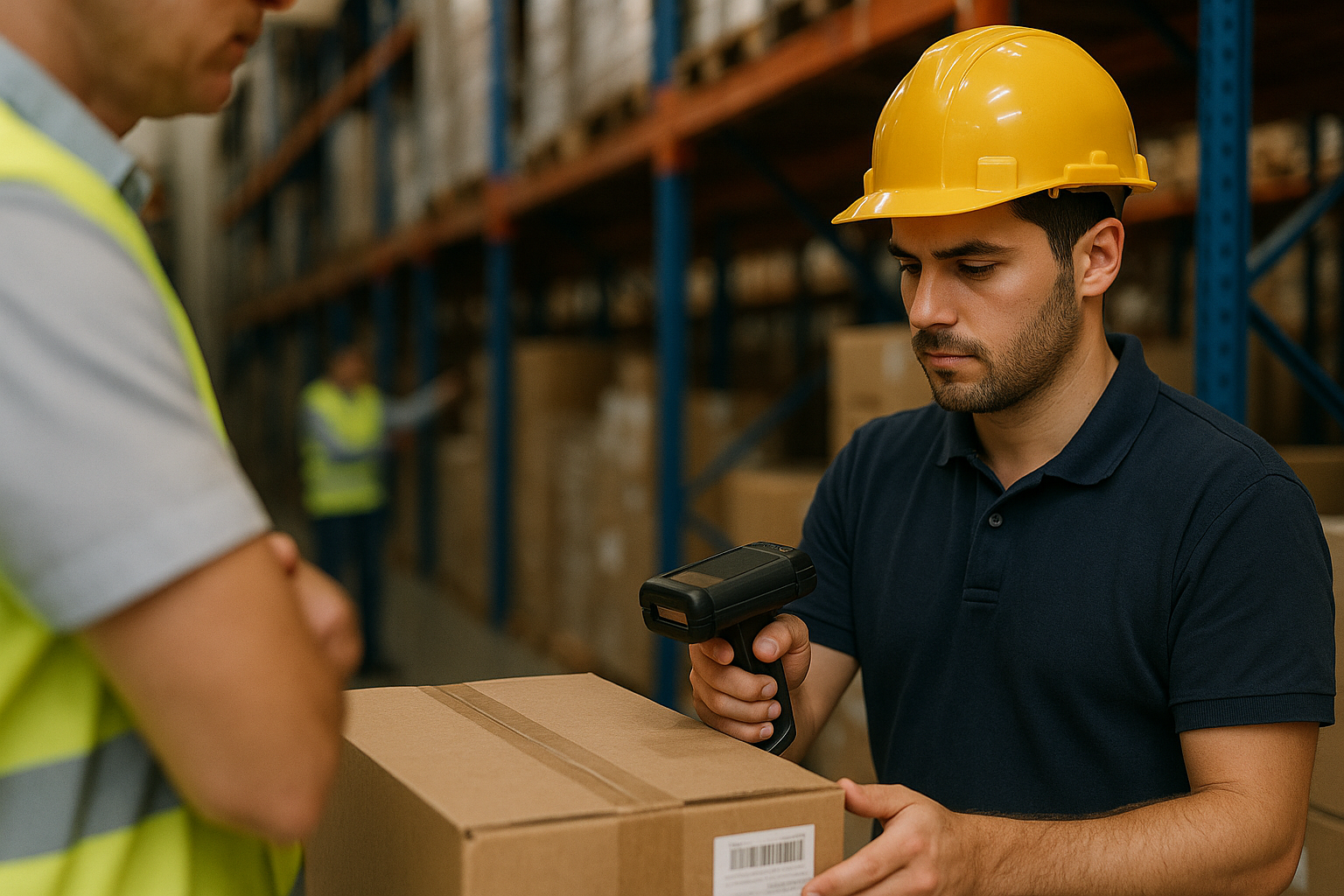 zensmart is showing A man in a yellow hard hat scans a barcode on a box in a warehouse during peak season. Another person in a safety vest stands nearby, flexing their teamwork skills as shelves filled with boxes are visible in the background. with print workflow automation