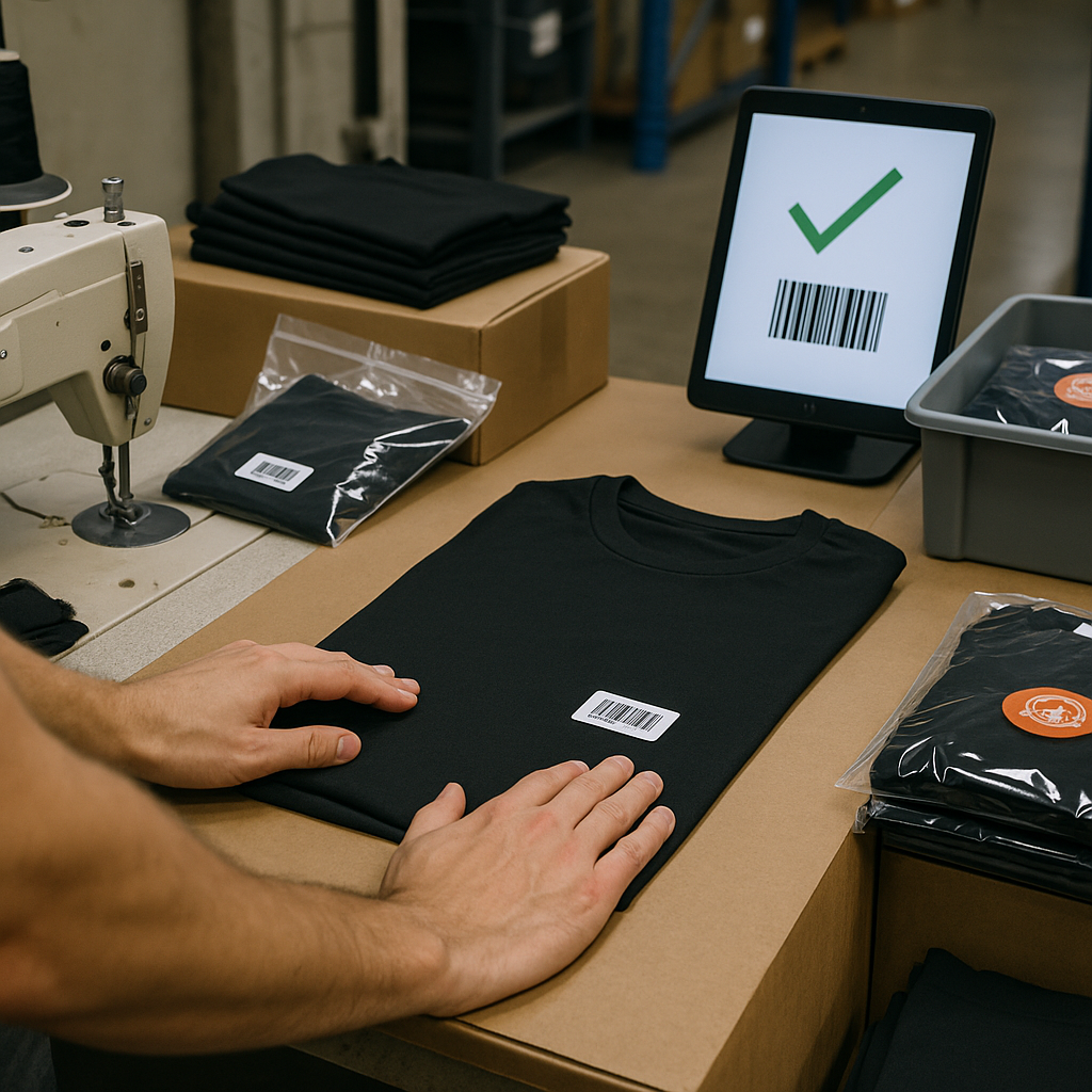 zensmart is showing A person places a folded black T-shirt with a barcode on a table near a tablet displaying a barcode and green check mark, in a manufacturing workspace with stacks of shirts and sewing equipment, illustrating the finishing process. with print workflow automation