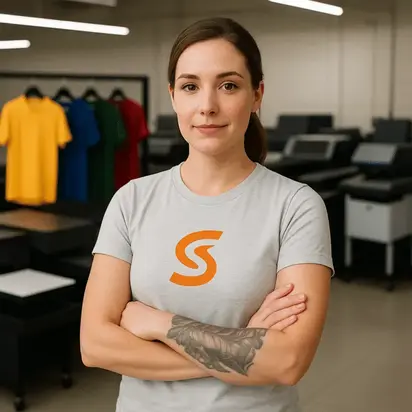 zensmart is showing A woman with a tattooed forearm stands confidently with her arms crossed, wearing a light gray shirt with an orange "S" logo. Behind her are colorful shirts and printing equipment in a workspace. with print workflow automation